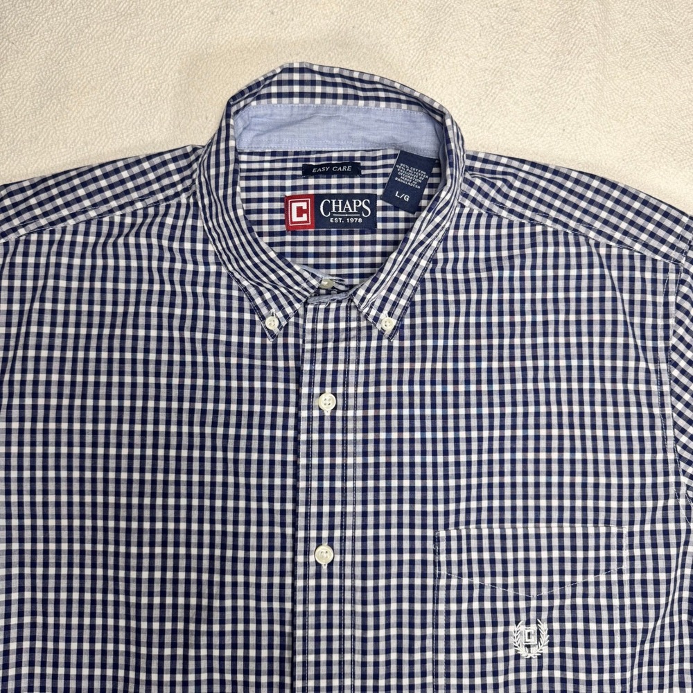 Chaps Mens Navy Gingham Short Sleeve Button Down Shirt Easy Care Large Logo